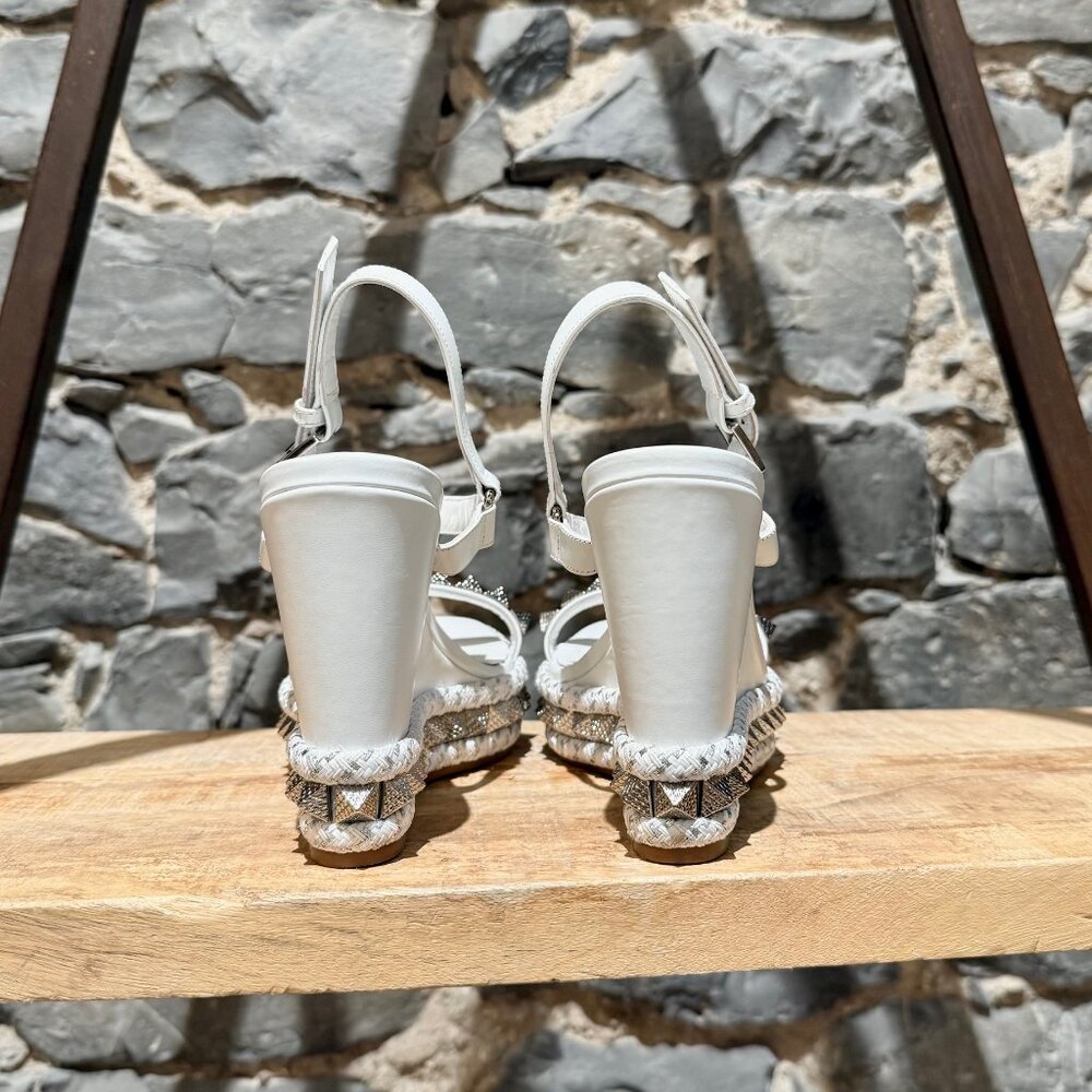 Christian Louboutin White Leather Studded Pyraclou Wedge 110 Sandals - Picture 6 of 15
